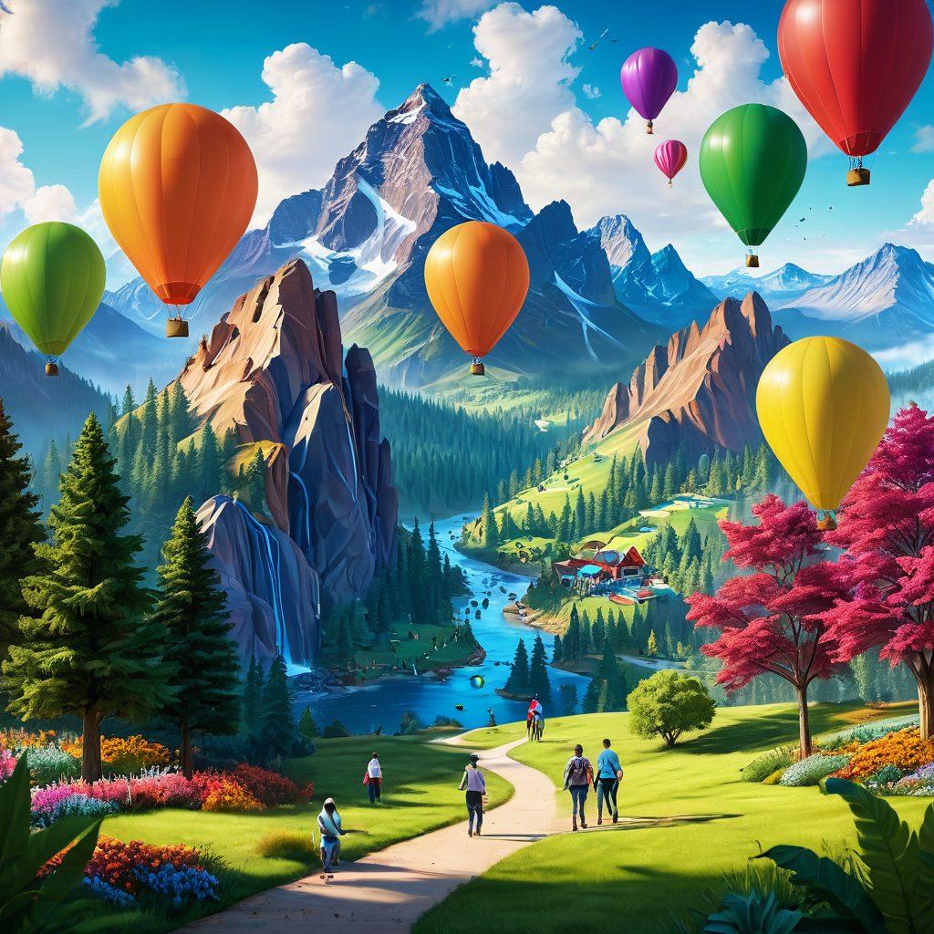 A vibrant landscape of Gaylord, featuring a cheerful group of diverse professionals engaged in various careers, with a backdrop of the stunning natural scenery. Visuals of networking events, workshops, and community involvement activities, all radiating positivity and growth. Include symbols of joy and success, like balloons and lightbulbs. bright and colorful. 3D illustration. lively atmosphere.