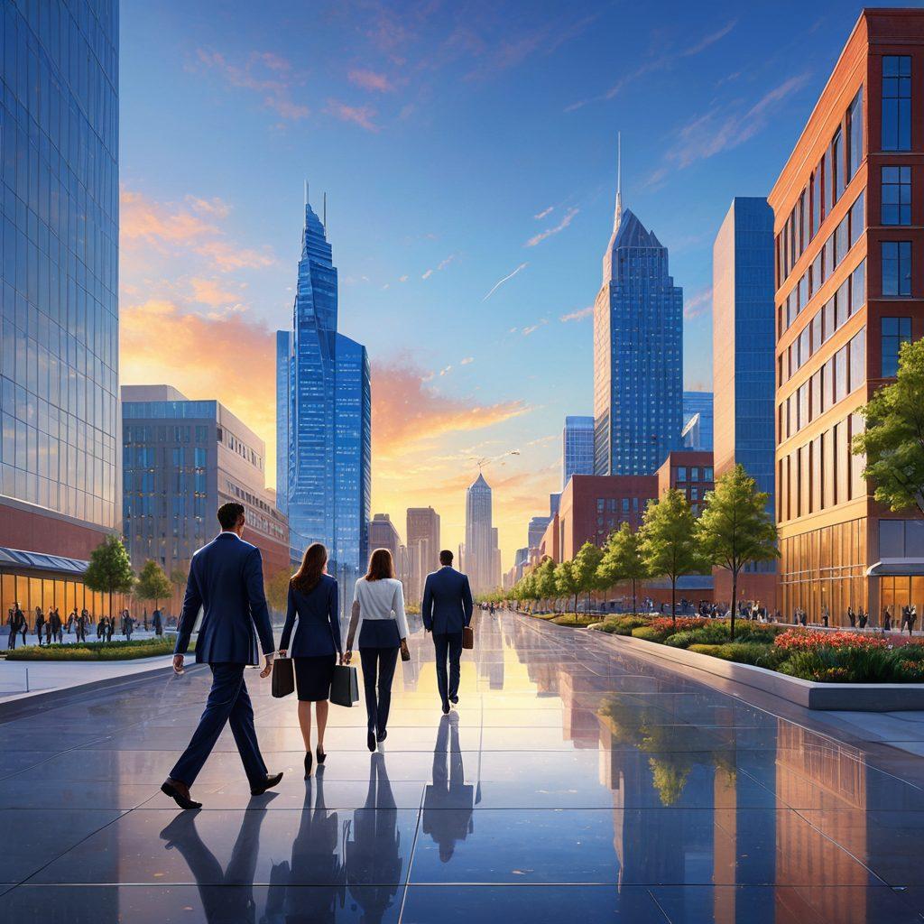 A vibrant city skyline of Gaylord at dawn, with people walking confidently towards a modern office building, showcasing diverse individuals in professional attire engaging in discussions and networking. Include career icons like briefcases and upward arrows subtly integrated into the background. The scene embodies ambition and growth, set against a bright blue sky. super-realistic. vibrant colors. 3D.