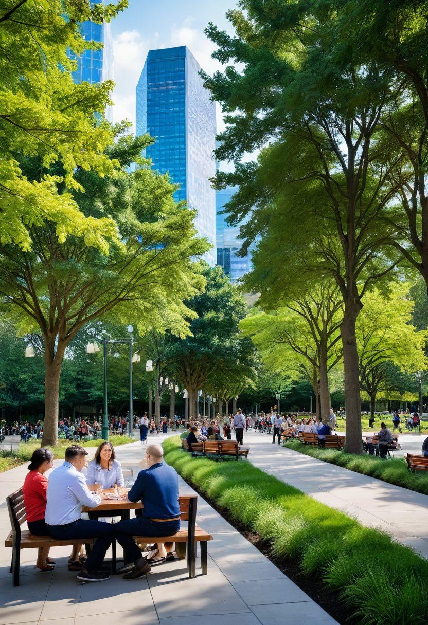A vibrant cityscape of Gaylord featuring a diverse group of professionals engaging in networking activities, discussing resumes, and sharing ideas in an inviting park. Capture the essence of collaboration, growth, and opportunity with green trees, benches, and modern buildings in the background. The individuals should be of various backgrounds, showcasing inclusivity. Bright and inviting atmosphere, emphasizing professional development. super-realistic. vibrant colors. dynamic composition.